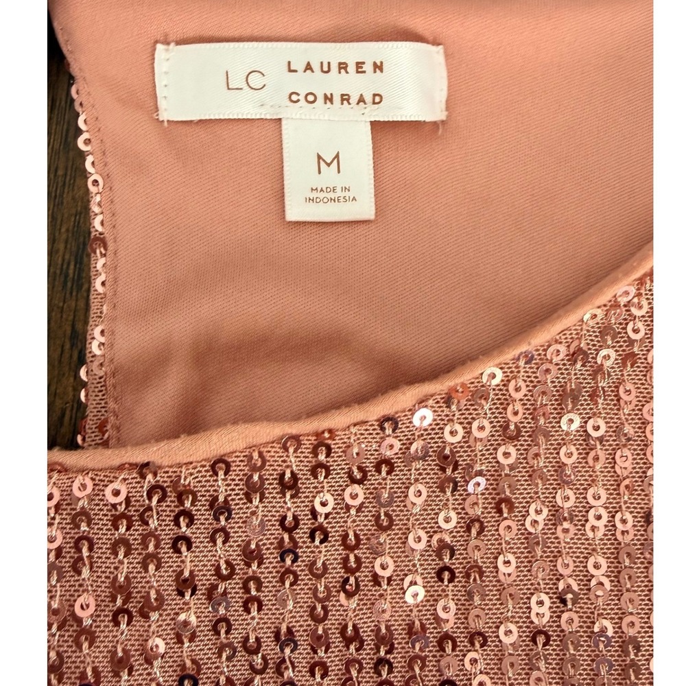 LC Lauren Conrad Pink Peach Sequin Flutter Sleeve Shift Dress Size Medium - Picture 7 of 11
